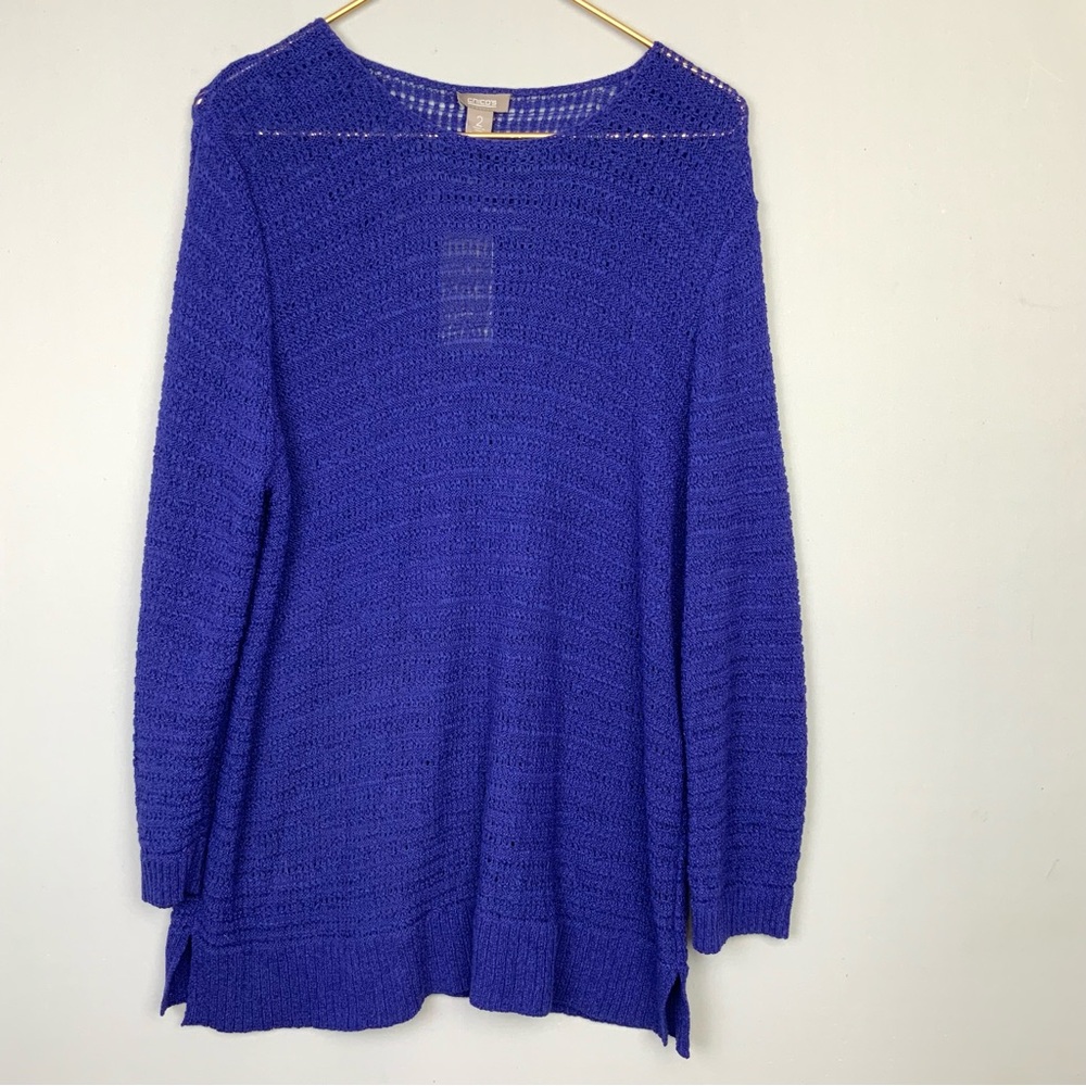 NWT Chicos 2 Large Purple Blue Open Knit Anahi Tunic Top Resort Vacation Beach
